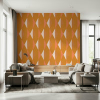 Abstract diamond grid wall mural in hot sunset tones.