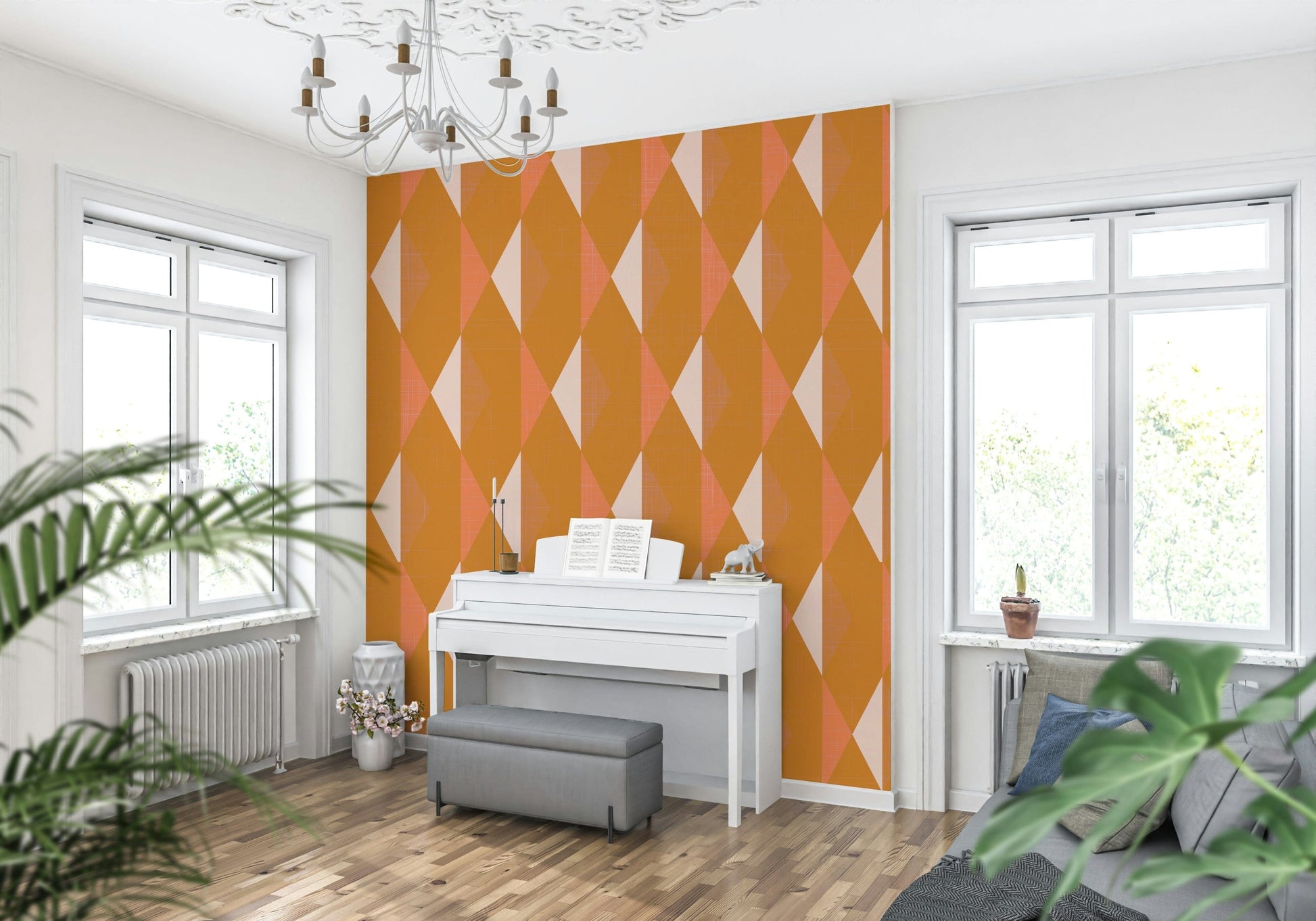 Modern dimensional pattern Amber Echoes wall mural styling.