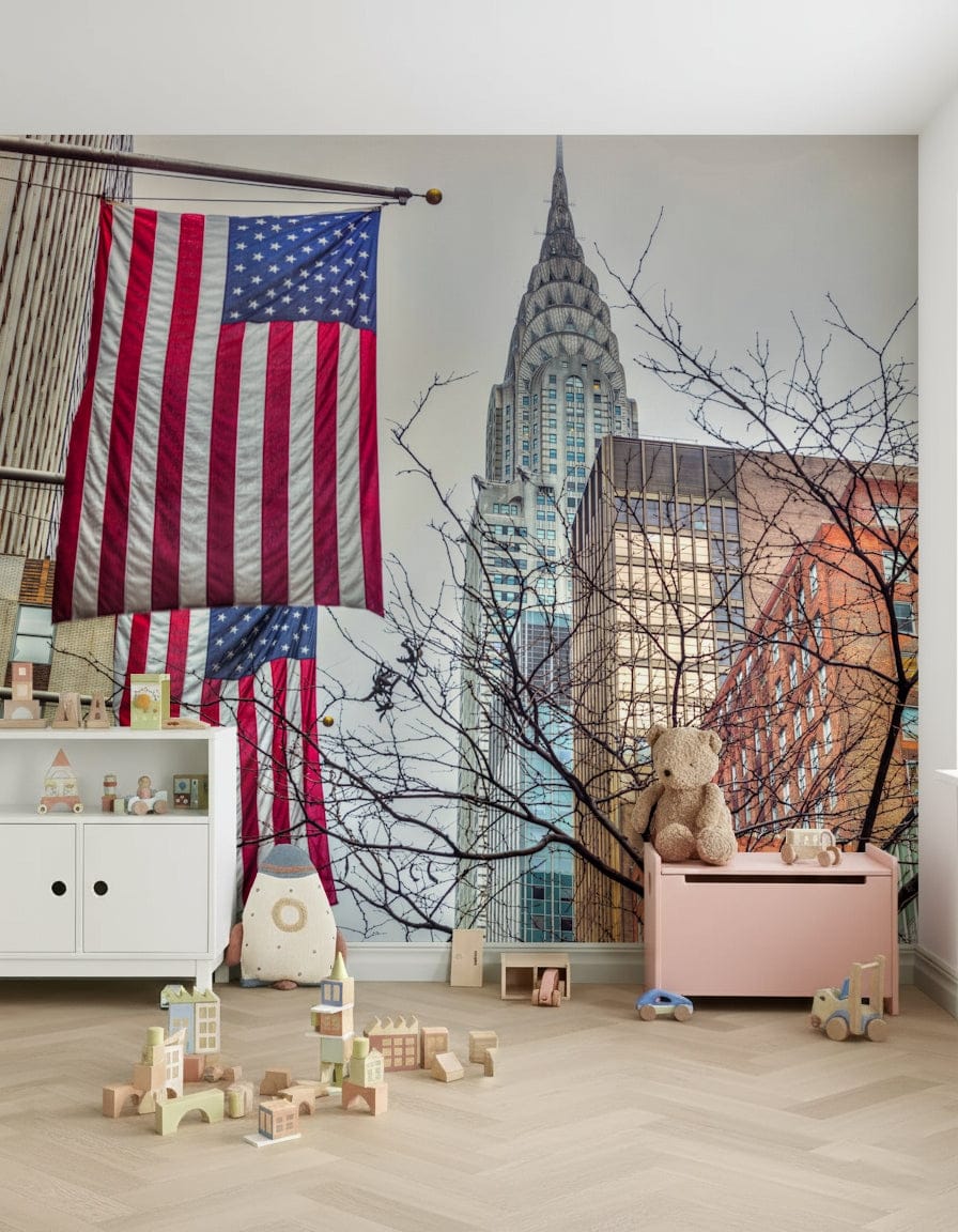Wall mural of USA flags flying high in Manhattan.
