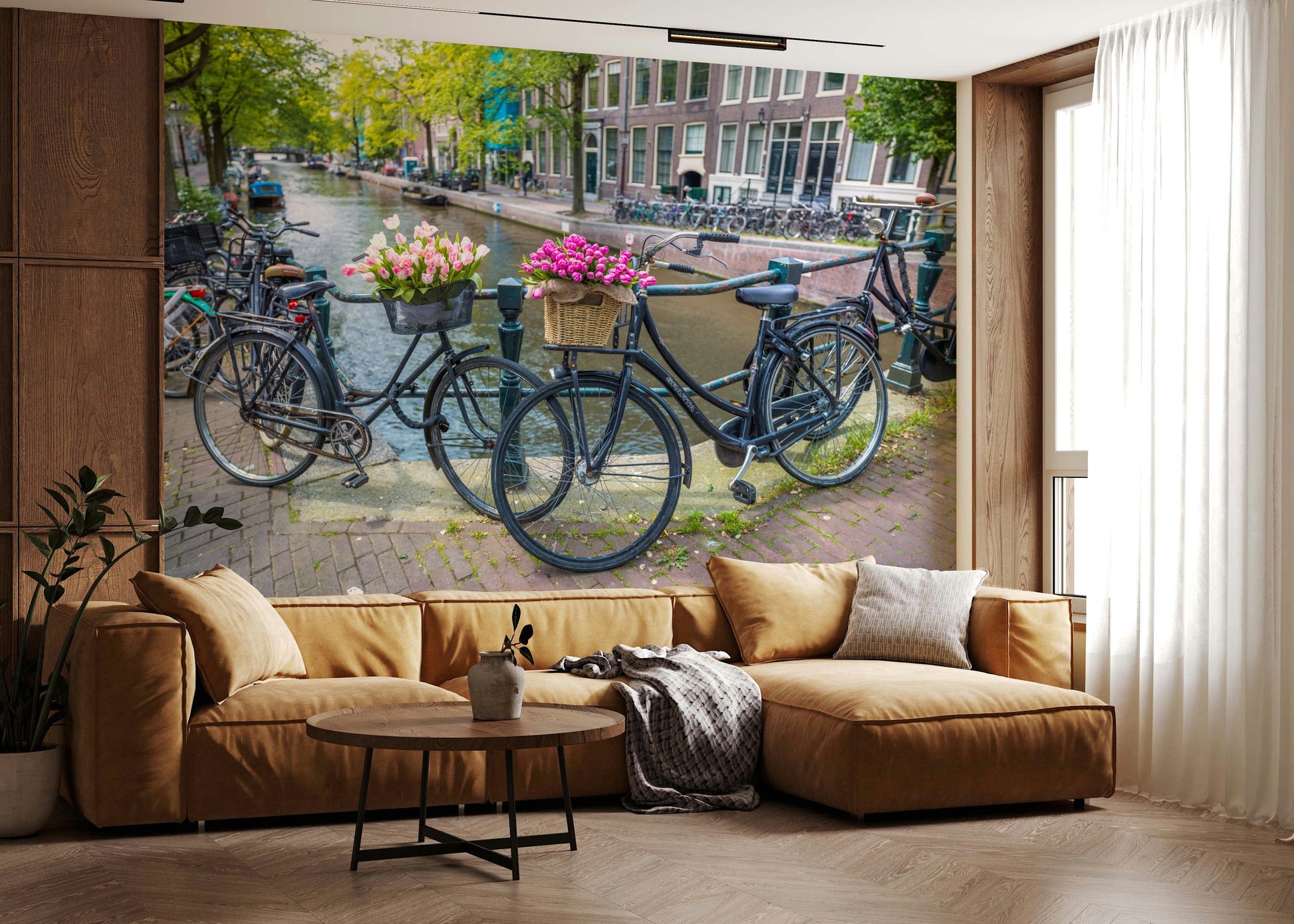 Canal view mural quaint city street springtime bicycling scene.