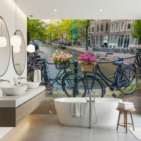 Dutch architecture wallpaper charming bicycles parked waterside houses.