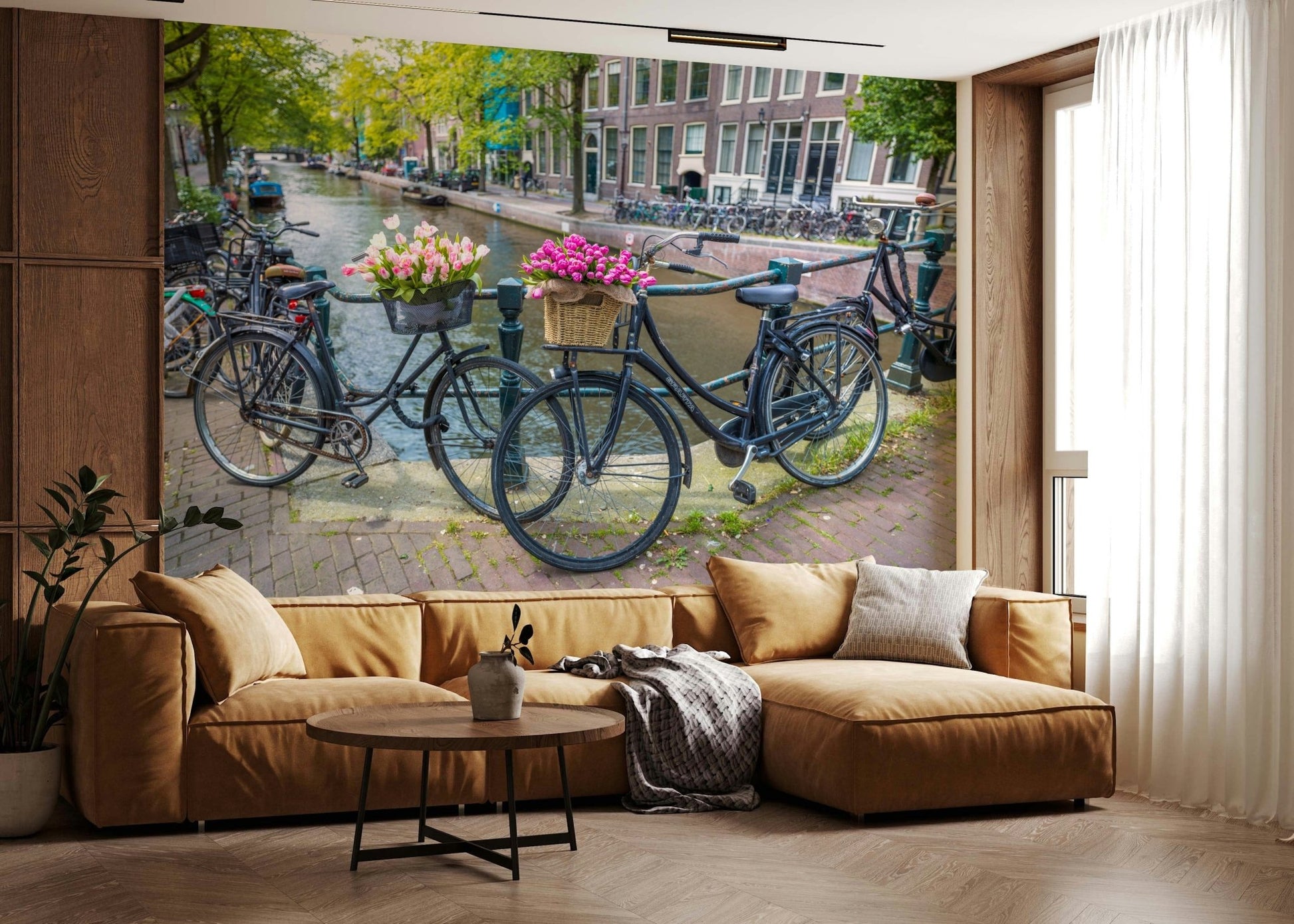 Canal view mural quaint city street springtime bicycling scene.