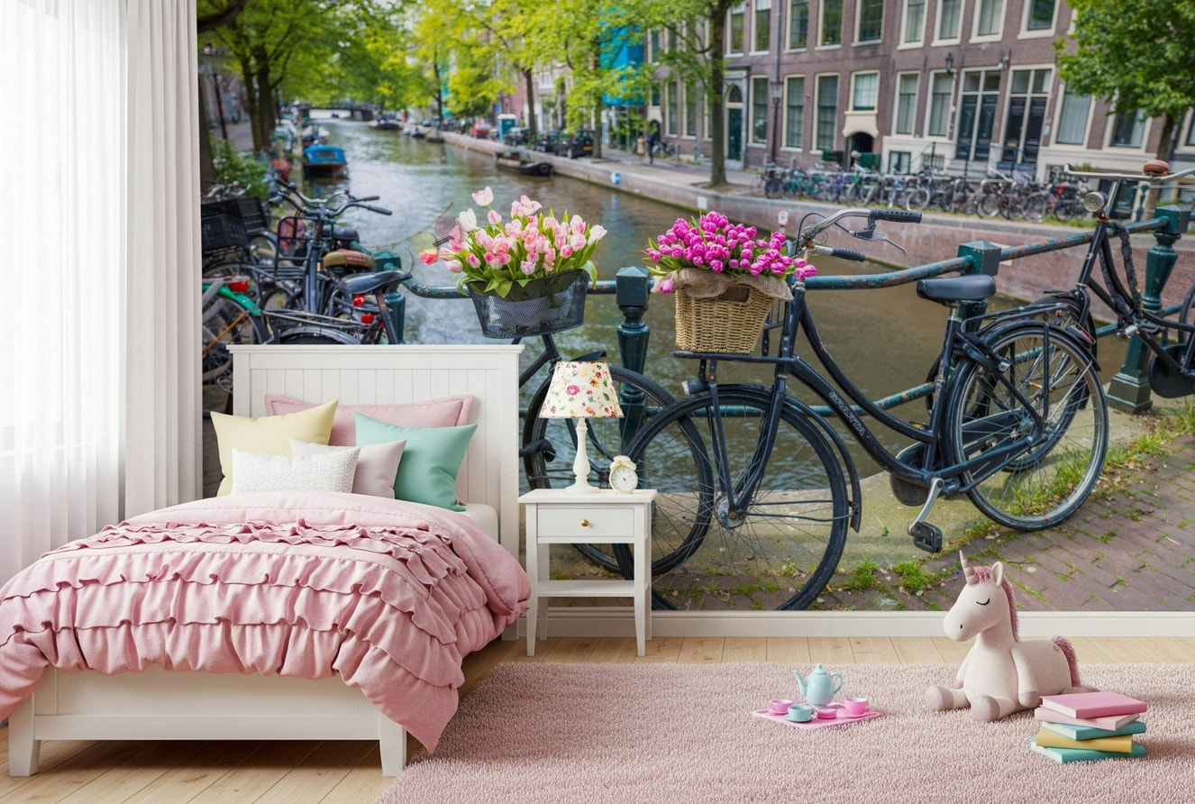 Spring flowers mural bicycle foreground quaint Amsterdam backdrop.