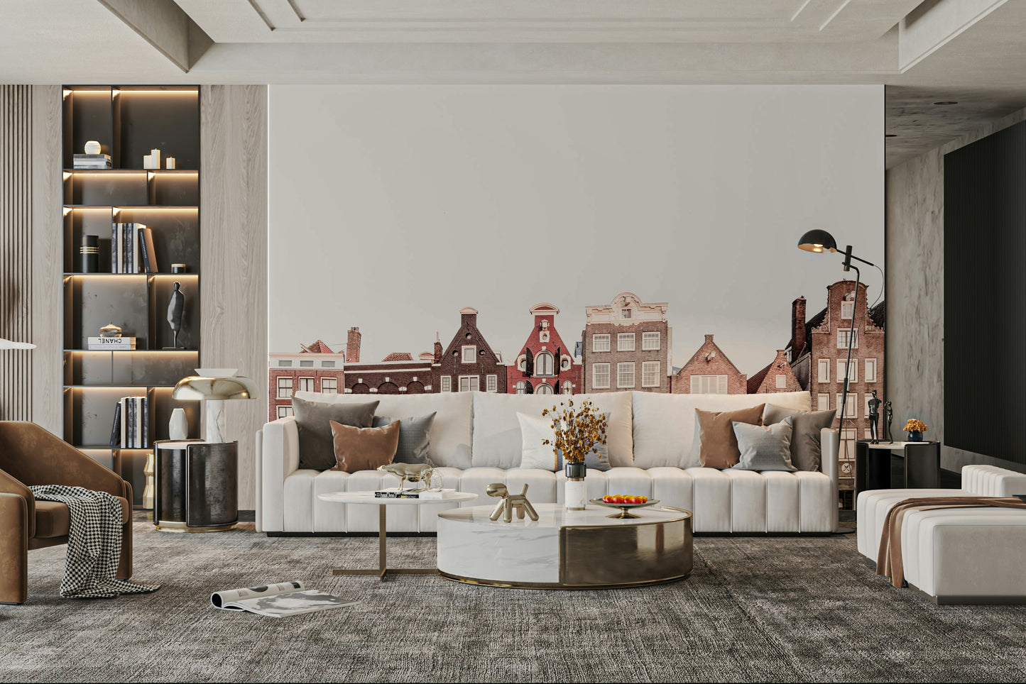 European architecture mural with canal buildings

