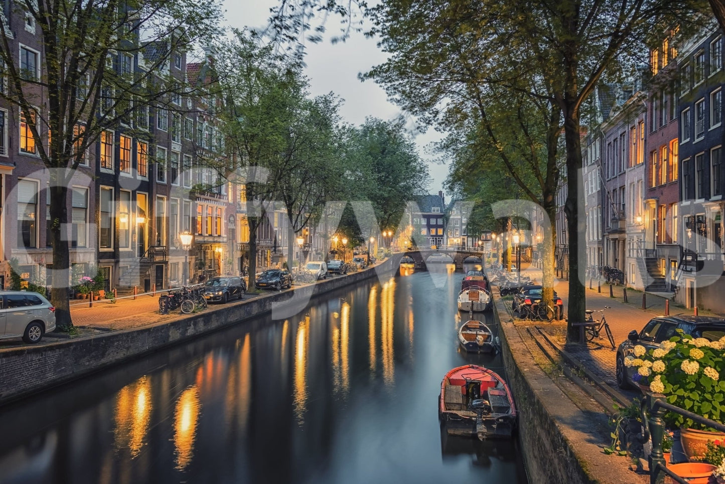 Amsterdam Canal Lights wallpaper mural close-up of a dusk canal lined with townhouses, street lamps and moored boats