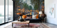 Amsterdam Canal Lights wallpaper mural of a lamplit canal behind a navy blue sofa in a bright living room