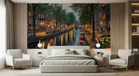 Amsterdam Canal Lights wallpaper mural of a glowing canal above a grey bed between two white armchairs in a bedroom
