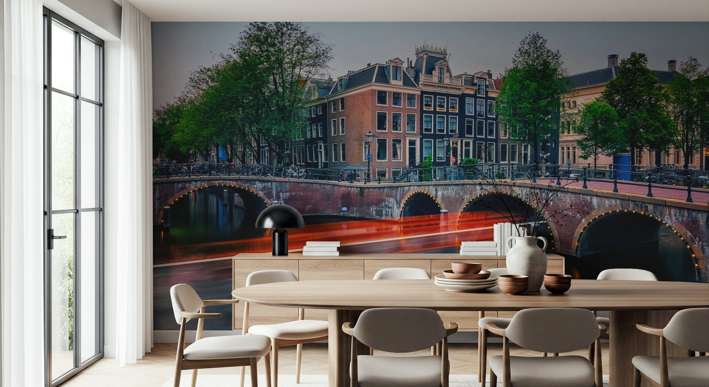 Amsterdam lights mural highlighting classic canal architecture