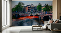 Amsterdam lights wall mural showing night reflections as city wallpaper