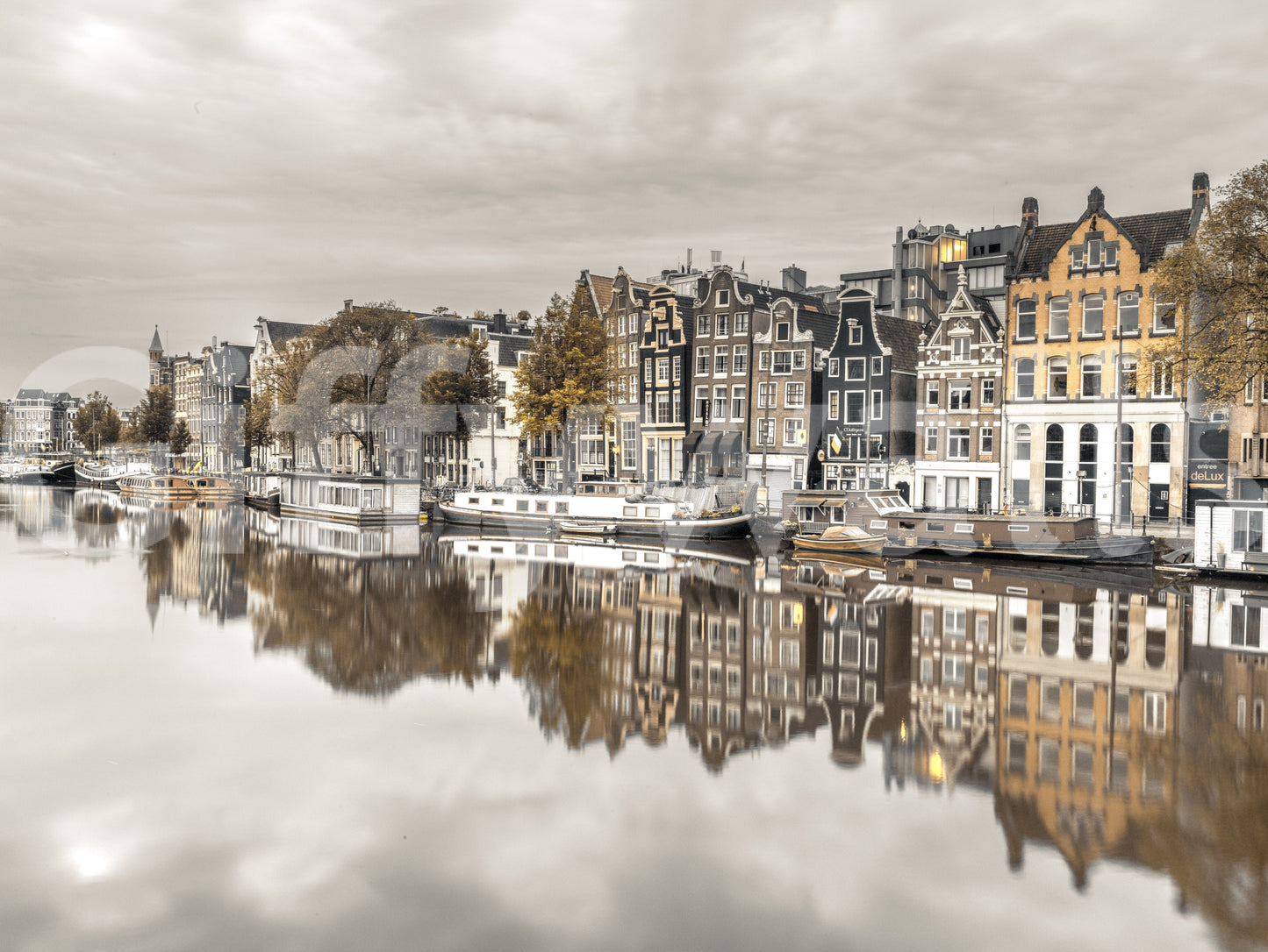 Amsterdam city reflection mural in studio apartment, modern decor, open layout