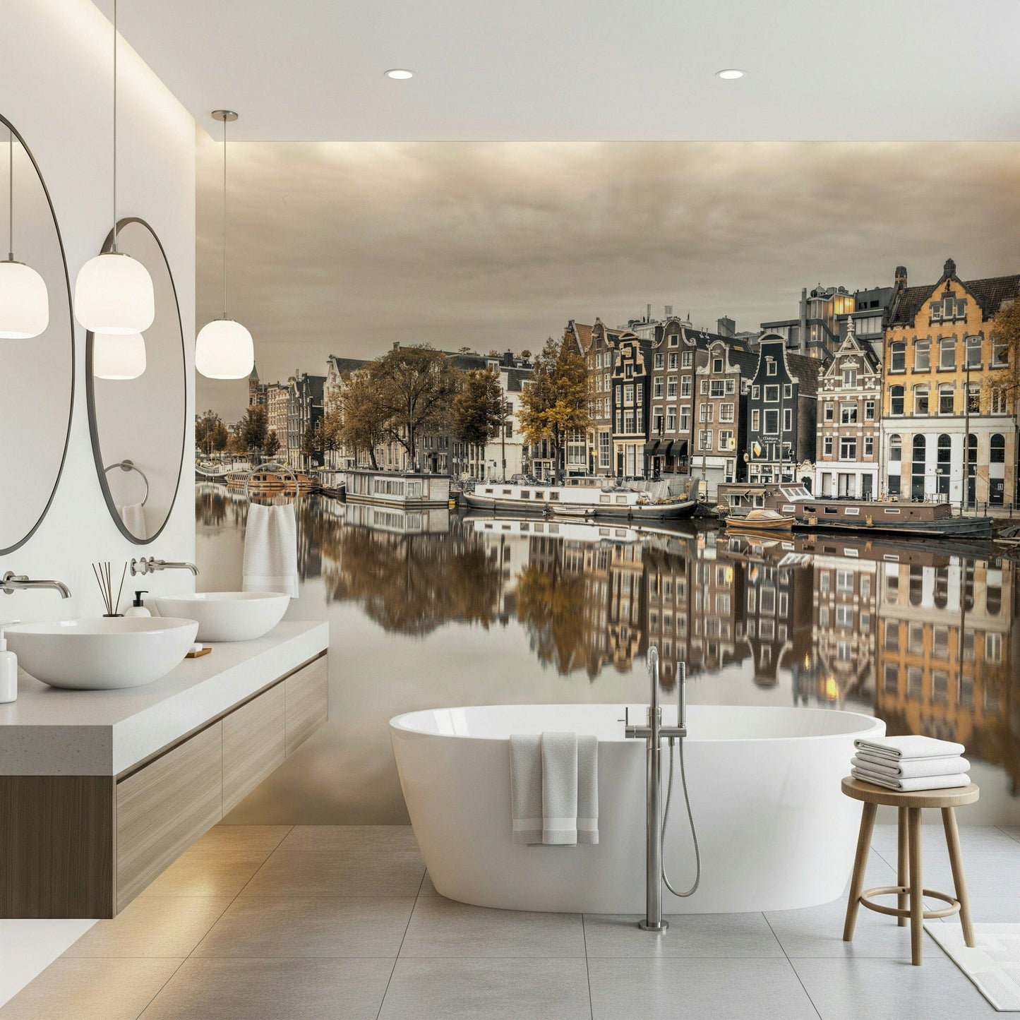 Amsterdam waterfront mural for apartment lounge, modern style, muted color palette