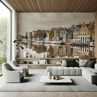 Amsterdam canal scene mural in dining room, modern chairs, soft lighting