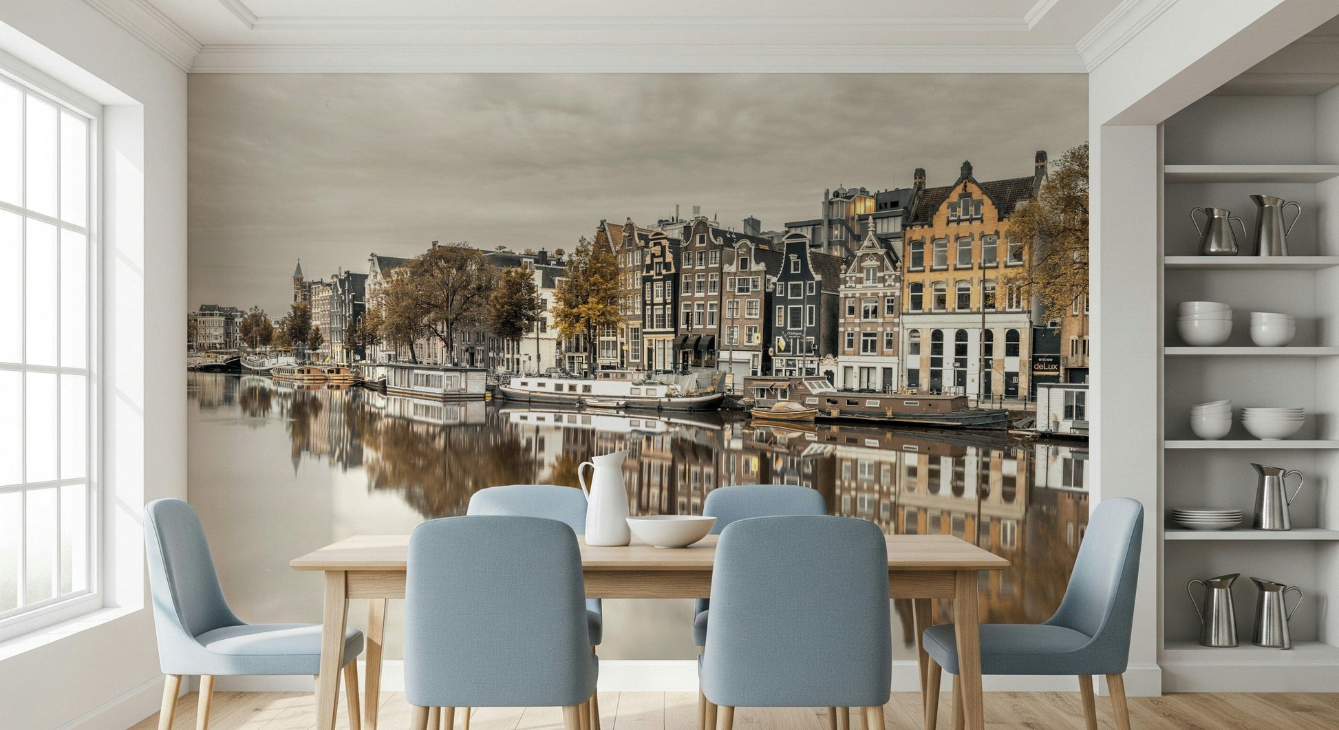 City canal reflection wallpaper in home office, modern desk, clean lines