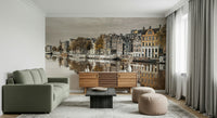 Reflected canal houses wall mural in hallway, modern wall decor, bright finish