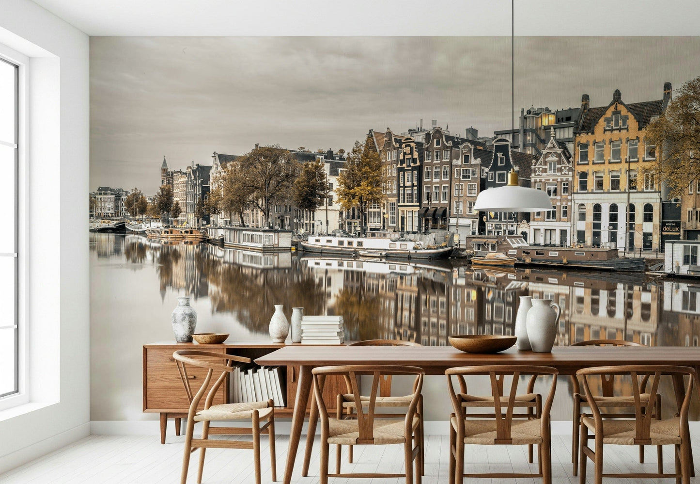 Dutch canal houses wall mural behind sofa, neutral decor, apartment wall decor