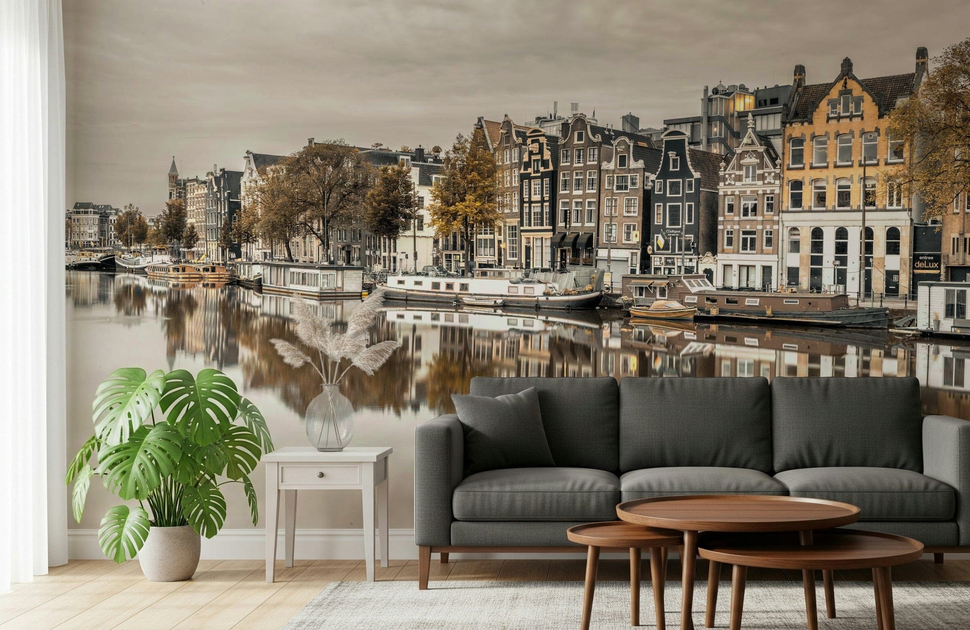 Amsterdam canal reflections mural in modern living room, warm lights, feature wall