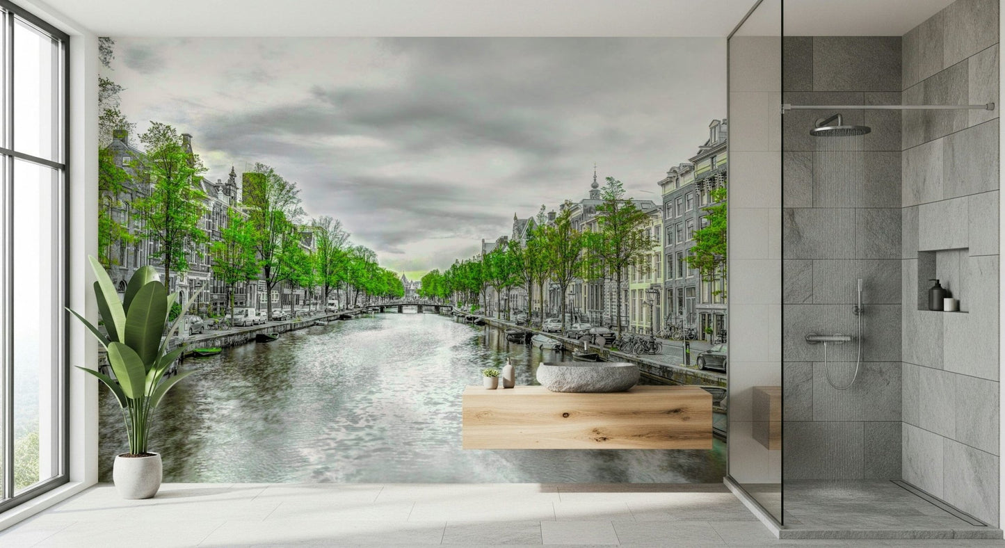 Amsterdam Canal Serenity wallpaper mural of a green-leafed canal beside a tiled walk-in shower and wood vanity in a bathroom