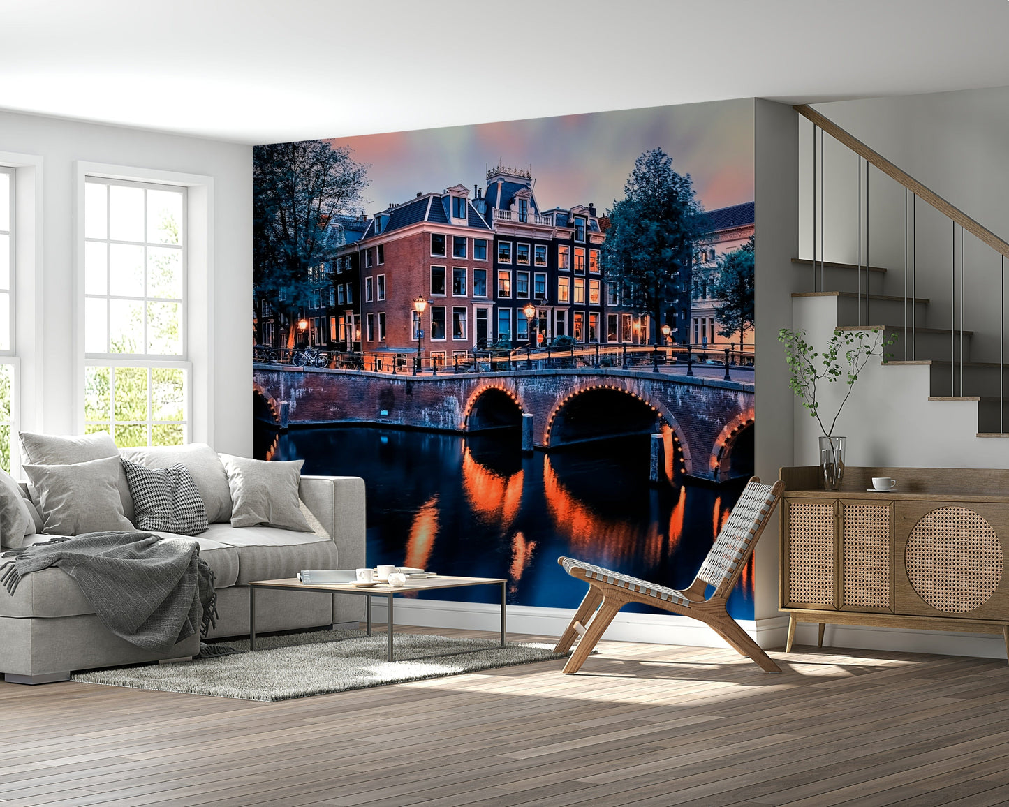 Quiet Amsterdam canal at twilight, wall mural with purple wallpaper shade