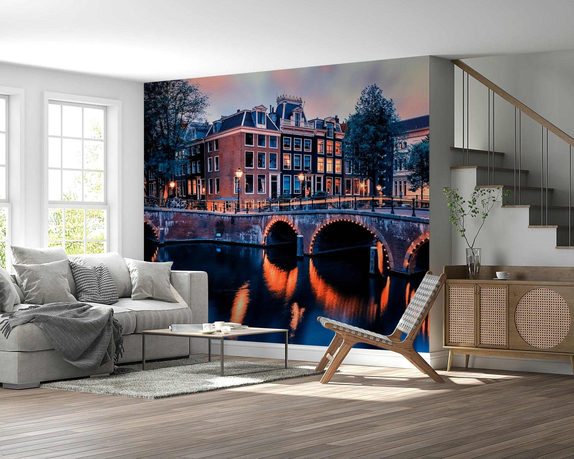 Quiet Amsterdam canal at twilight, wall mural with purple wallpaper shade