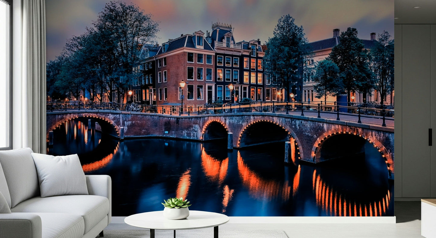 Amsterdam dusk panorama wall mural, nature tones, multi wallpaper design