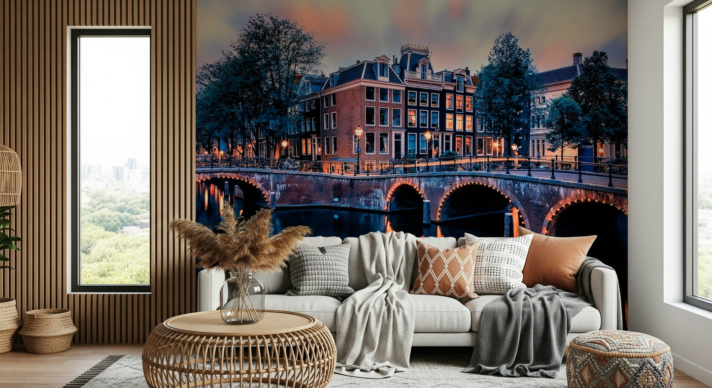 Twilight canal lights in Amsterdam mural, purple wallpaper feel for home walls