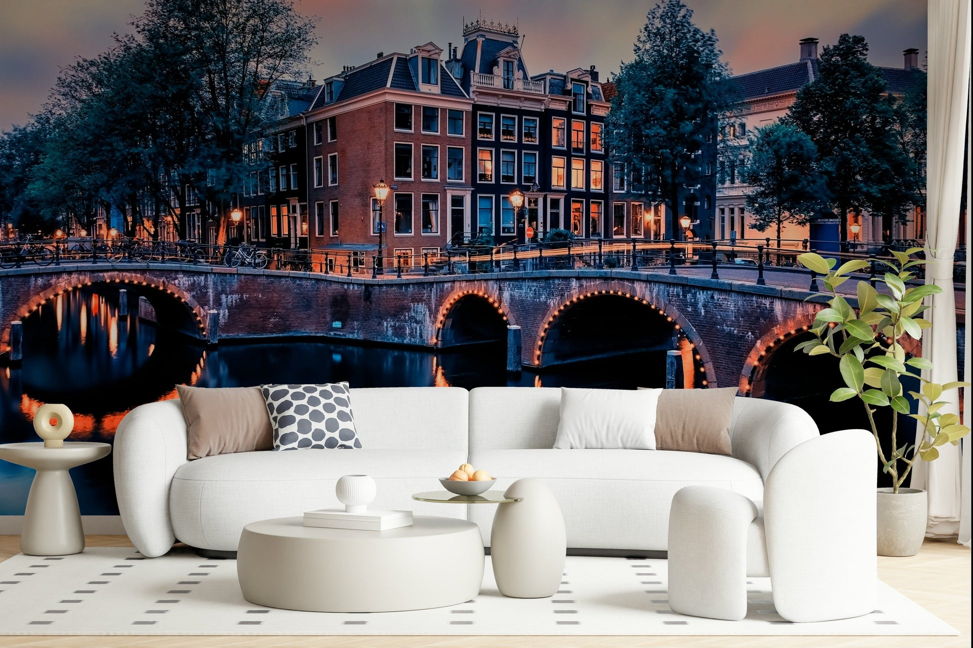 Amsterdam evening streetscape wall mural, nature colors, multi wallpaper finish
