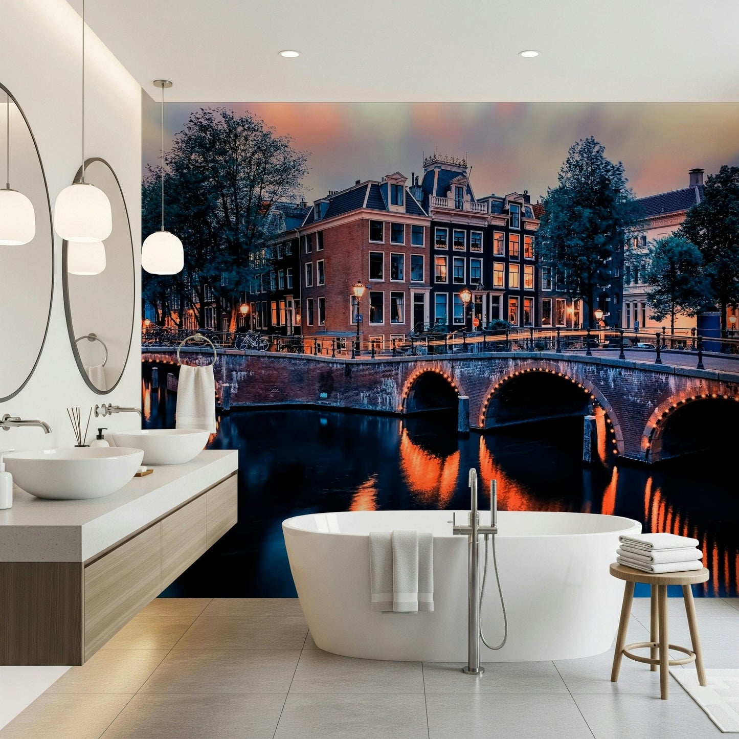 Purple wallpaper mood with Amsterdam canal scene, wall mural for home