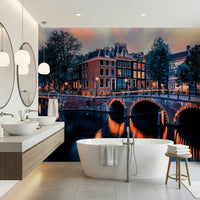 Purple wallpaper mood with Amsterdam canal scene, wall mural for home
