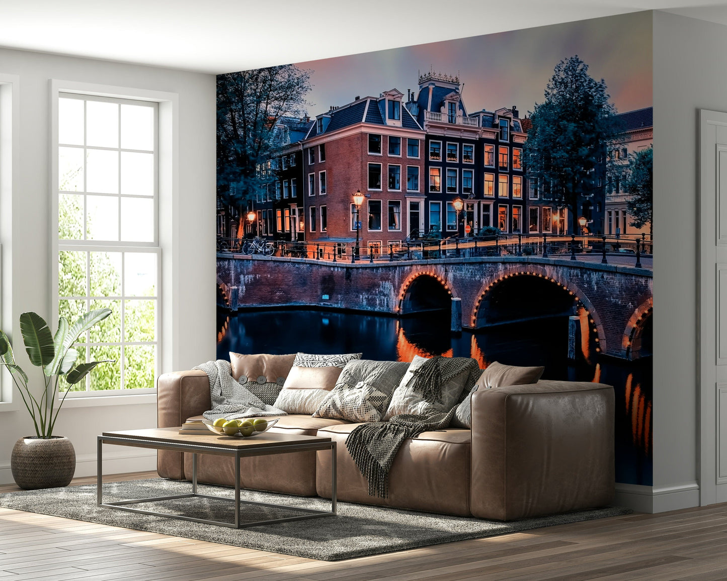 Bridge over canal at nightfall, nature-inspired Amsterdam wall mural, home