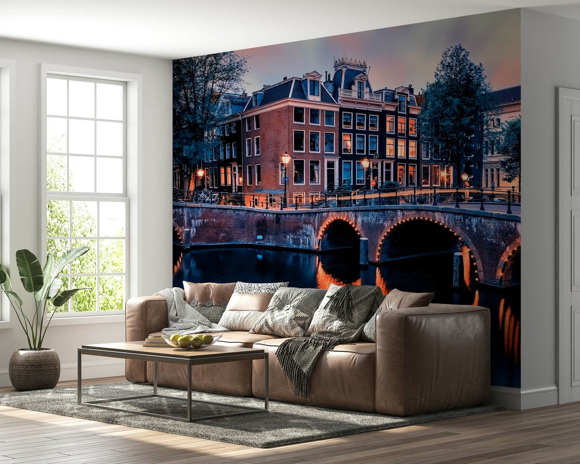 Bridge over canal at nightfall, nature-inspired Amsterdam wall mural, home
