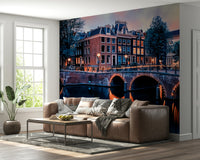 Bridge over canal at nightfall, nature-inspired Amsterdam wall mural, home