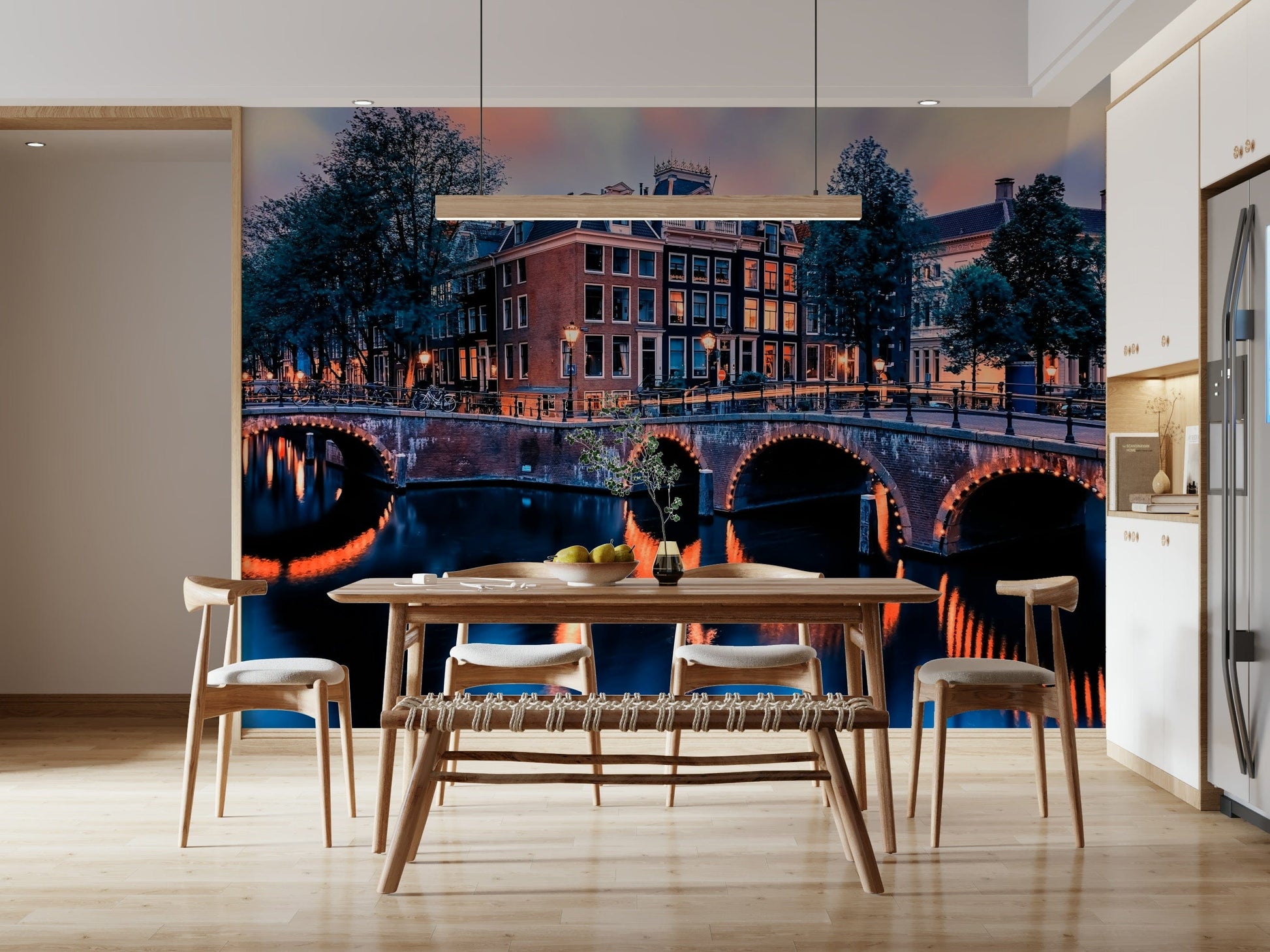 Amsterdam skyline twilight mural, purple wallpaper accents for a calm home