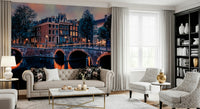 Canal houses at dusk, Amsterdam mural in nature palette, multi wallpaper look
