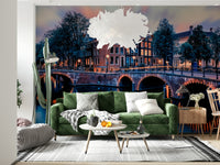 Amsterdam twilight wall mural with purple wallpaper tones for home décor