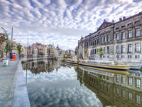 Cityscape watercolor wall mural inspired by Amsterdam, modern apartment feature wall