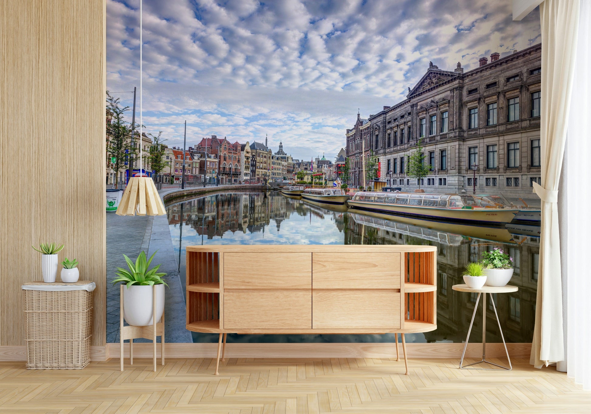 Watercolor Amsterdam buildings mural for guest room feature wall, muted palette