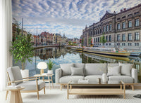 Amsterdam watercolor skyline mural in home office, calm color wash and fine lines