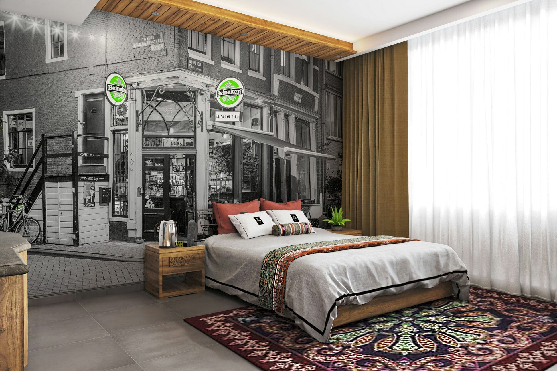 A beautiful Amsterdam cafe wallpaper mural at night.

