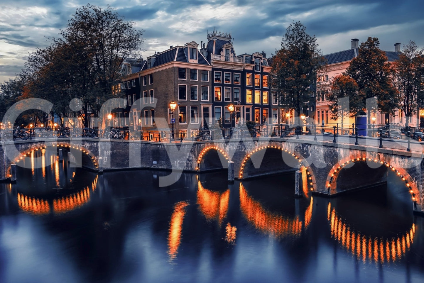 Amsterdam Nights mural adds depth using wallpaper for walls.