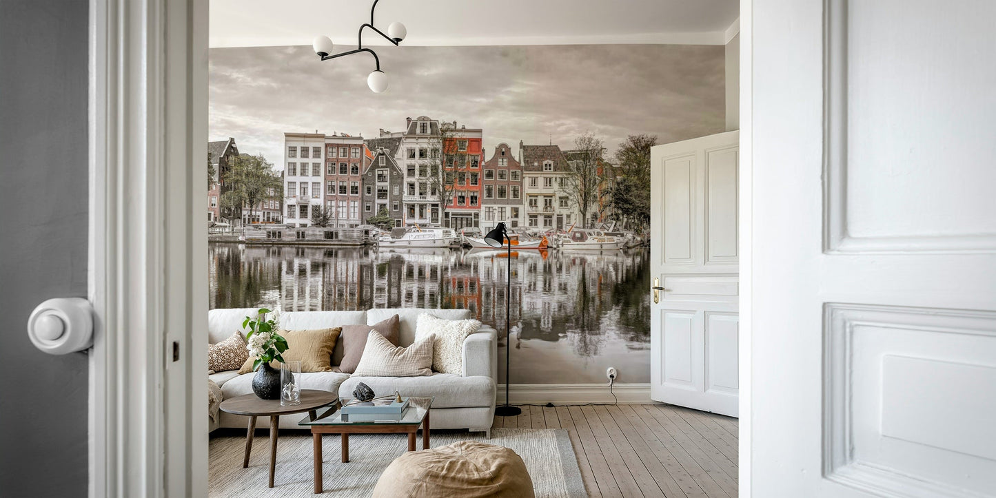 Boats docked along the canal.

