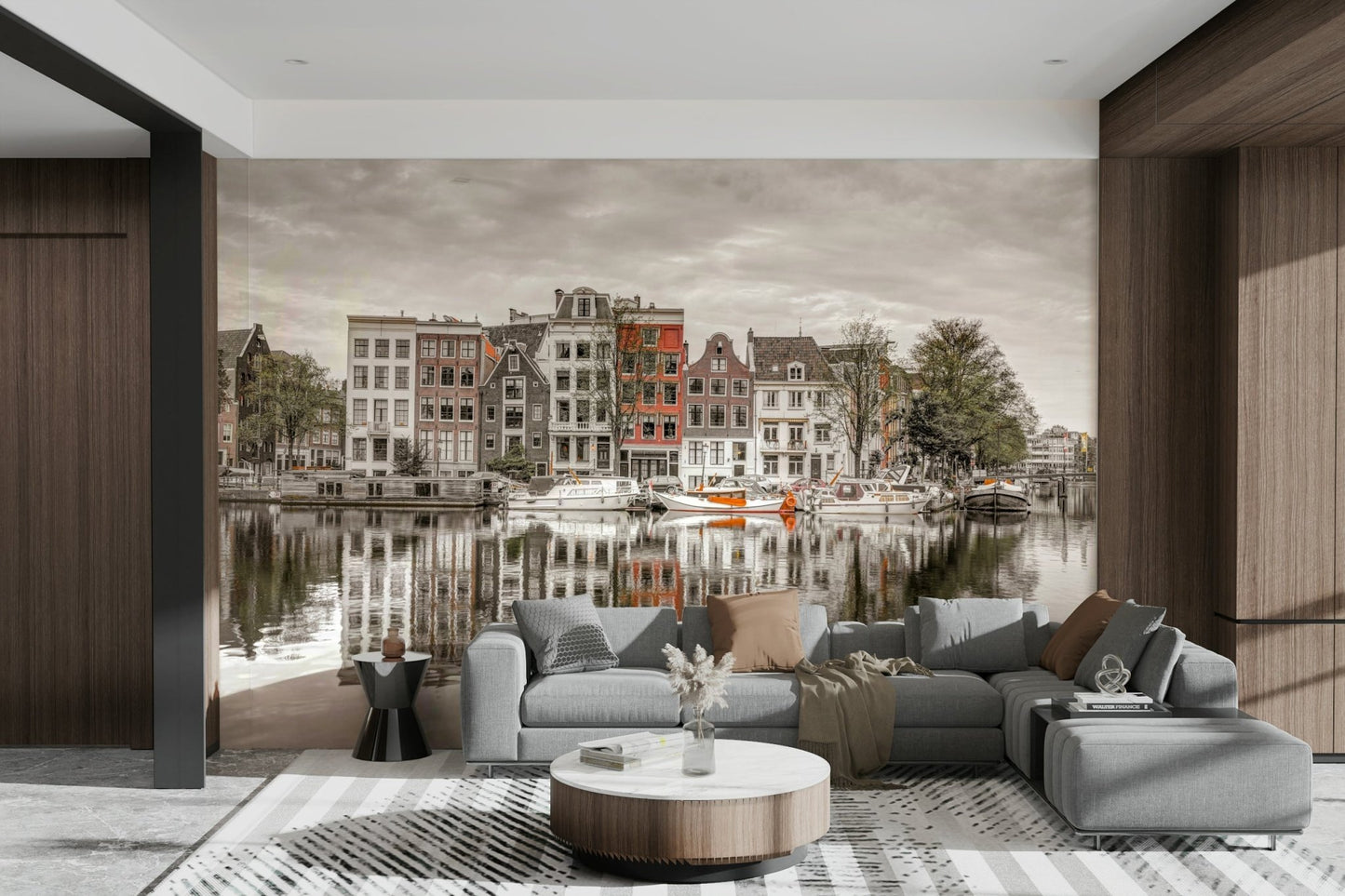 Reflections of houses on water.

