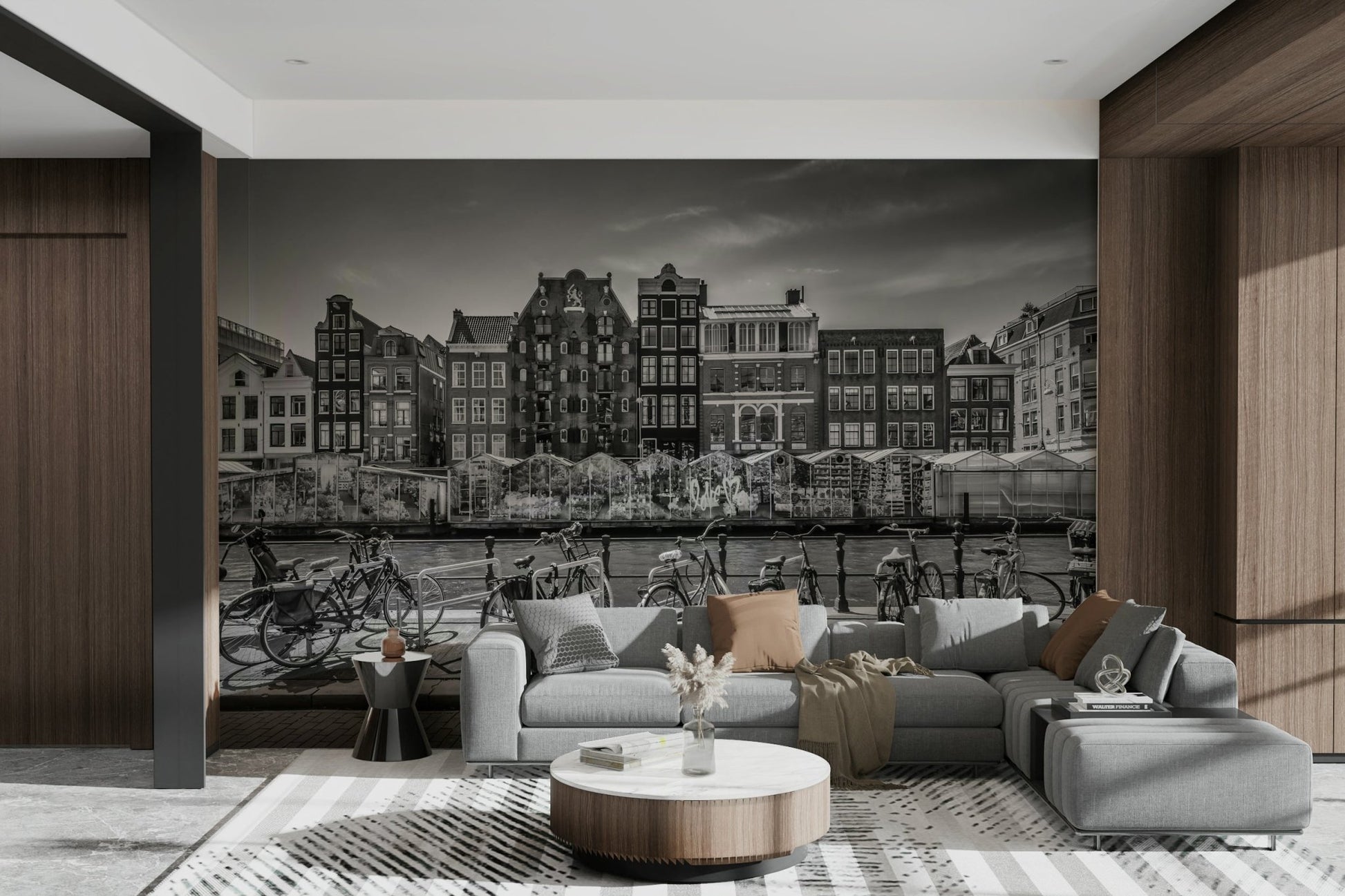 Amsterdam city scene mural with vintage bicycles

