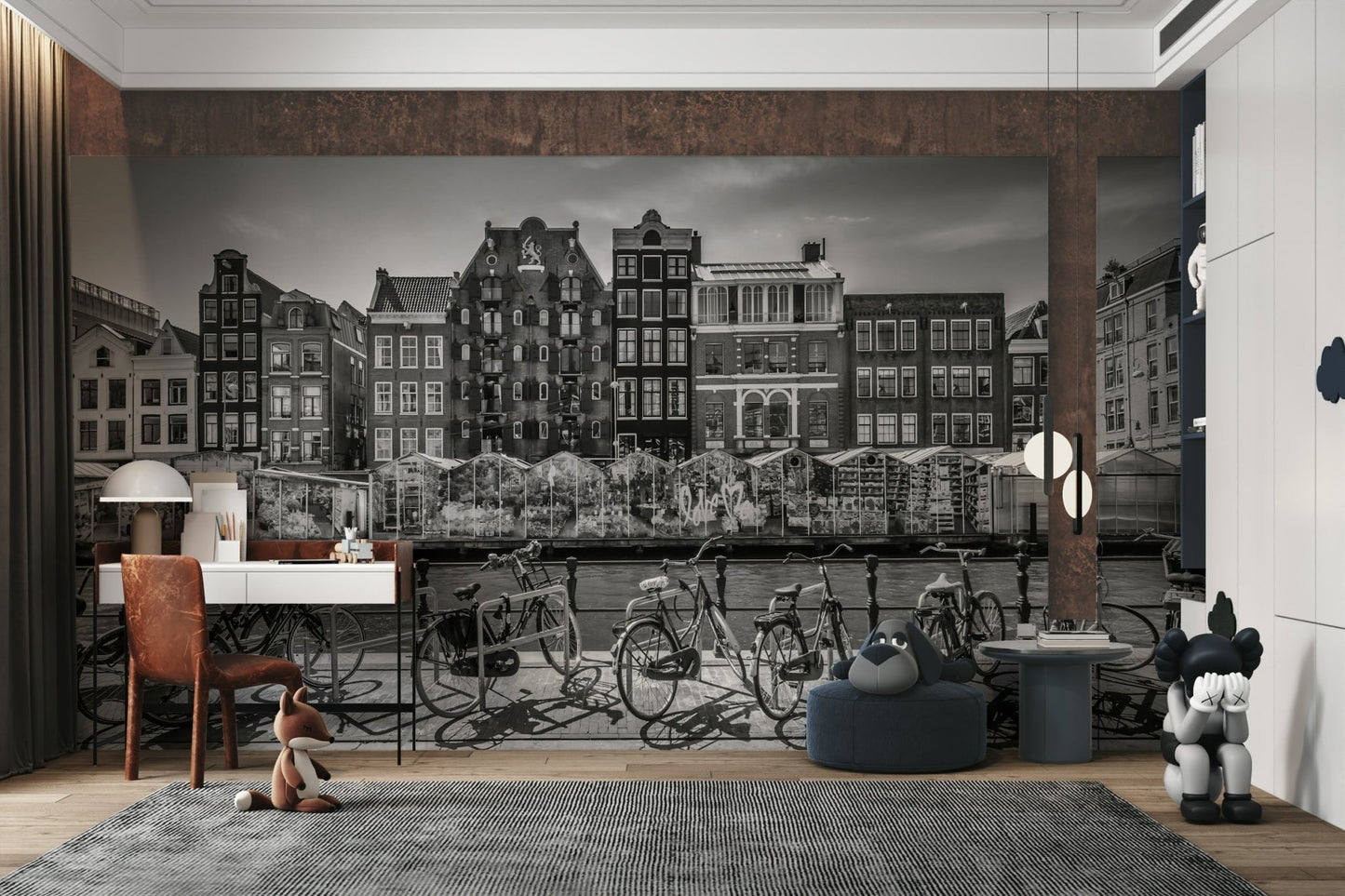 Black and white wall mural showing urban reflections

