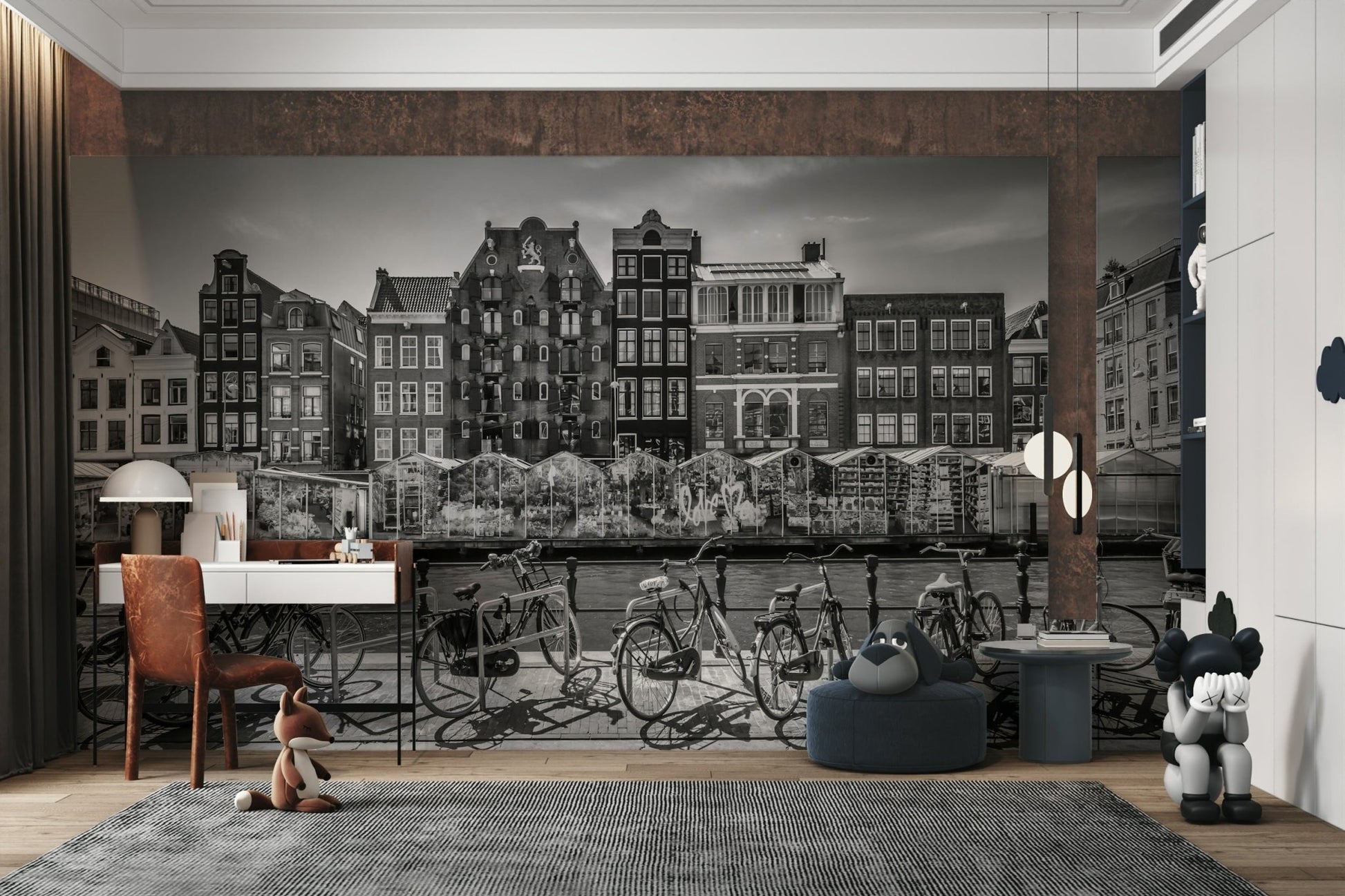 Black and white wall mural showing urban reflections

