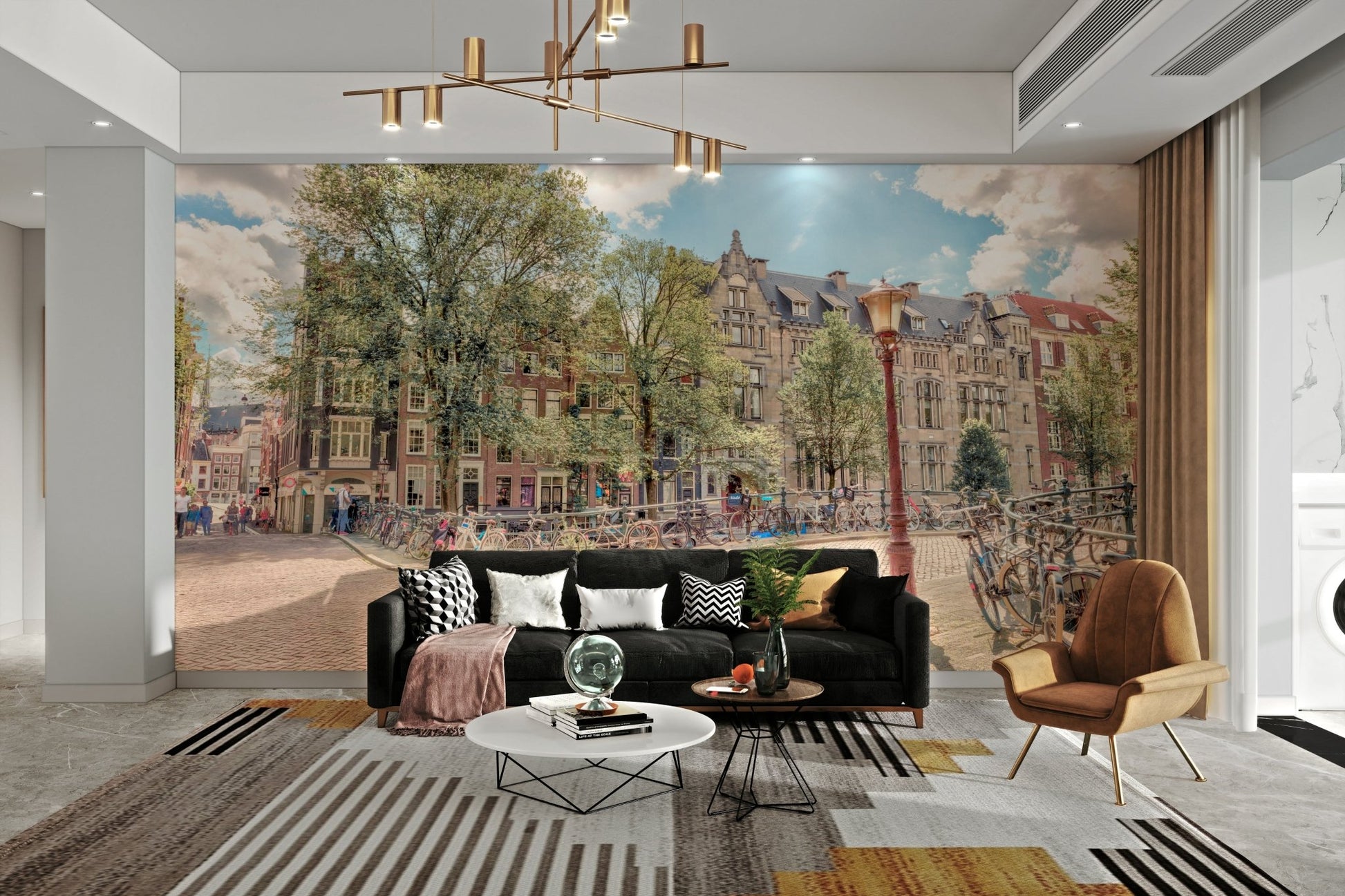 There are many bicycles parked along the street.

