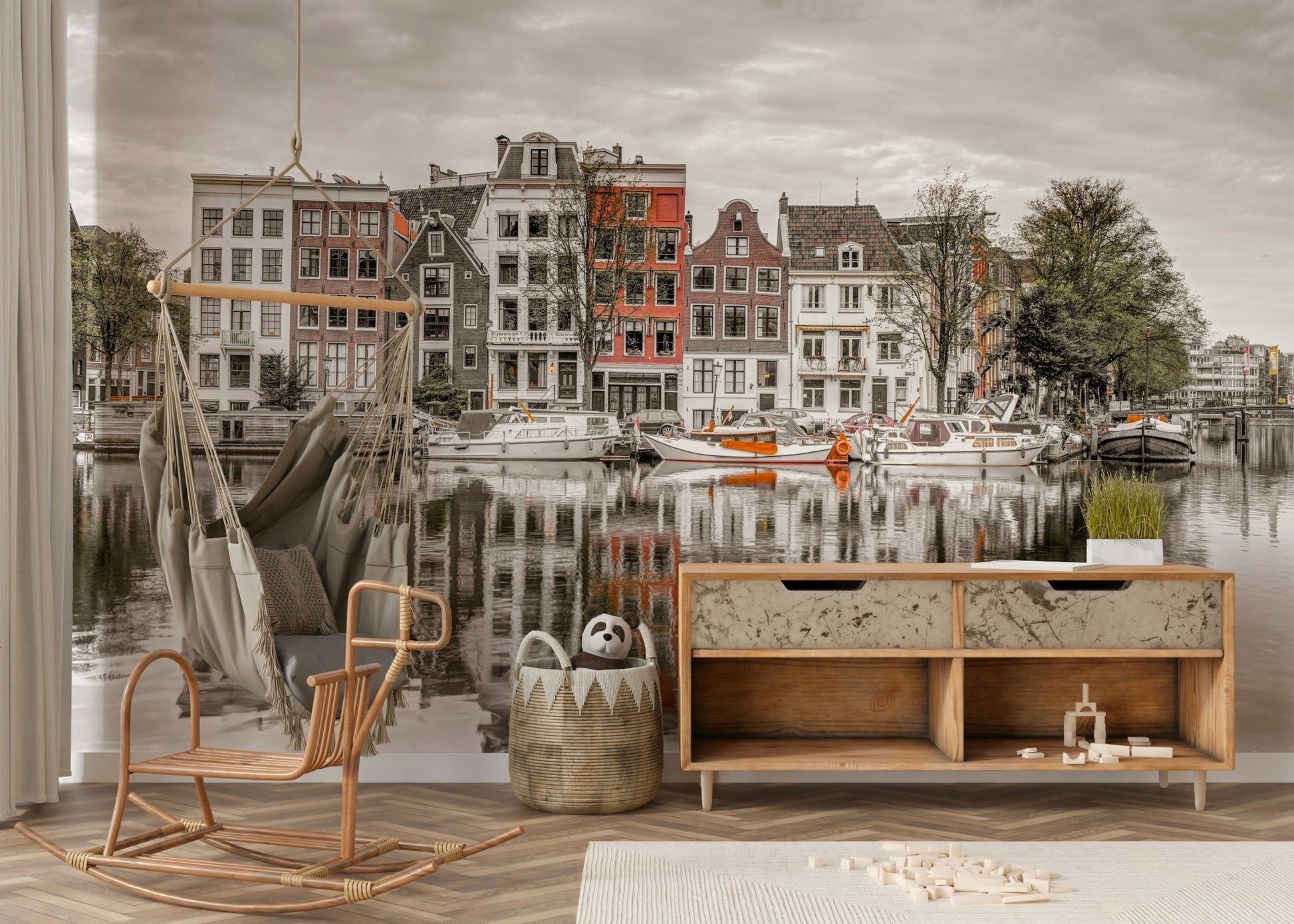 Boats docked along the canal.

