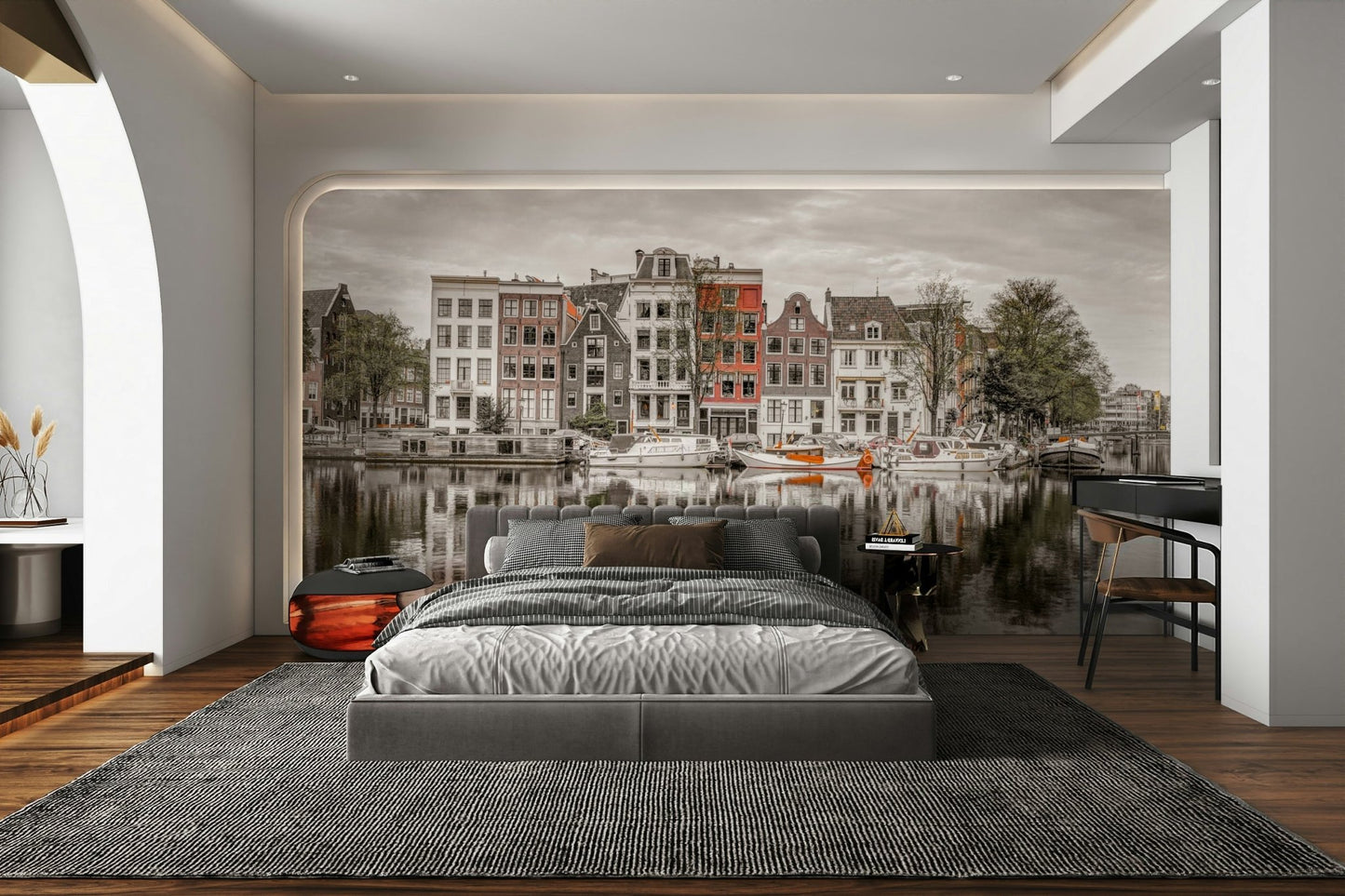 Reflections of houses on water.

