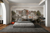 Reflections of houses on water.

