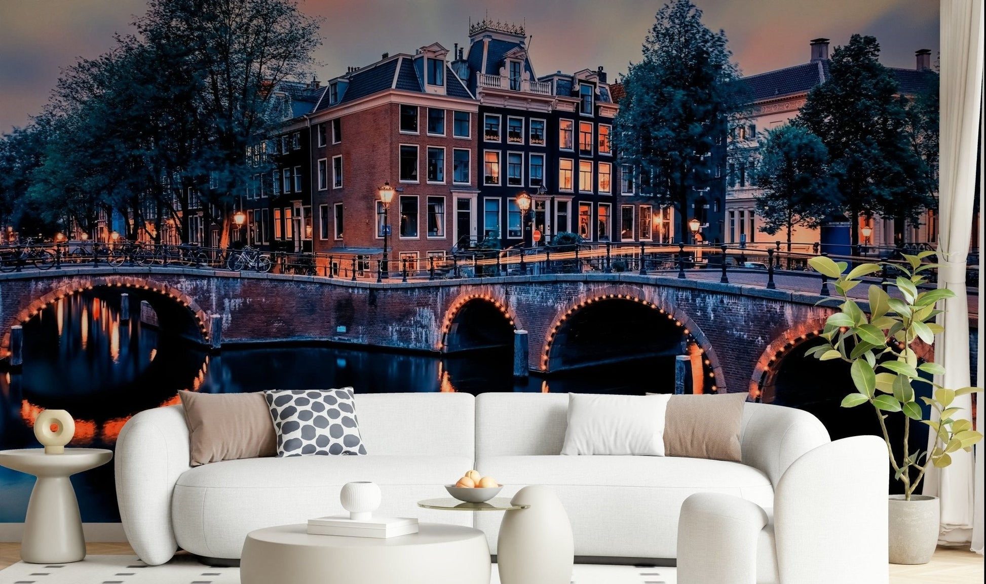 Amsterdam evening streetscape wall mural, nature colors, multi wallpaper finish