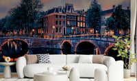 Amsterdam evening streetscape wall mural, nature colors, multi wallpaper finish